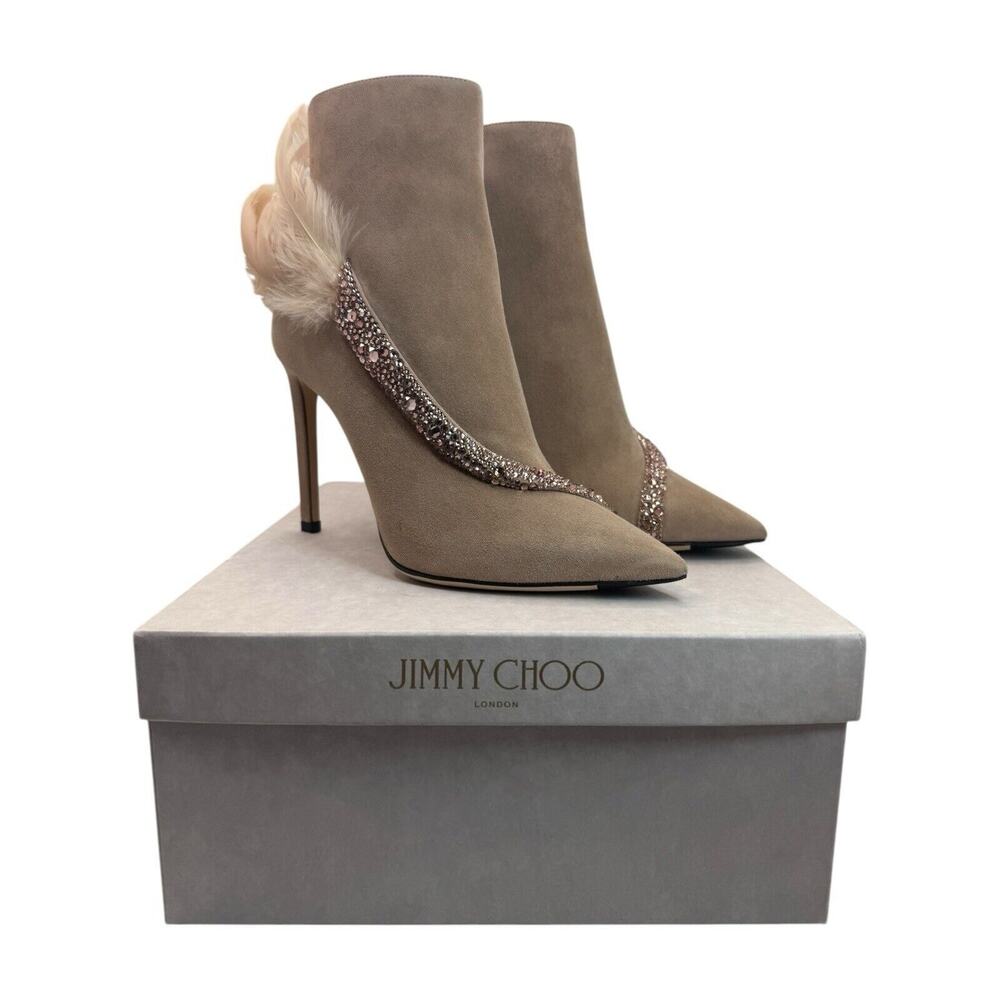 Jimmy Choo Suede Feather And Crystal Embellished Ankle Boots Size 36.5
